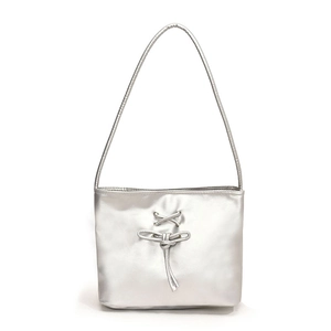 Silver ballet style bucket bag with metallic luster finish and bow detail