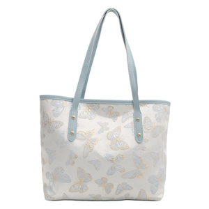 Large capacity tote bag with elegant blue butterfly patterns and leather shoulder straps