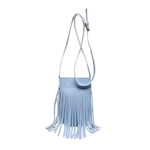 Light blue litchi pattern leather crossbody phone bag with long tassels and adjustable strap
