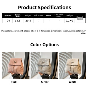 Detailed size chart and dimensions for the bow knot chain backpack in pink, silver and white
