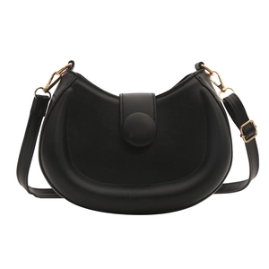 Minimalist black hobo shoulder bag with round decorative buckle and gold metal hardware
