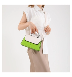 Detail of green and white color-block small square bag with semi-circular silver handle