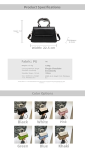 Detailed size chart and specifications for the PU crossbody bag with metal handle