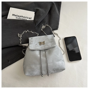 Detailed shot of silver textured backpack with butterfly buckle and metal chain strap