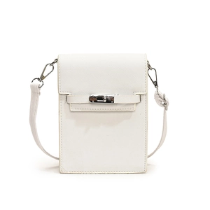 White Saffiano leather vertical crossbody phone bag with silver metallic twist lock closure