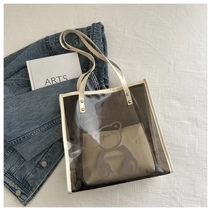Gros plan d'un cabas en PVC transparent avec motif ours et pochette intérieure beige