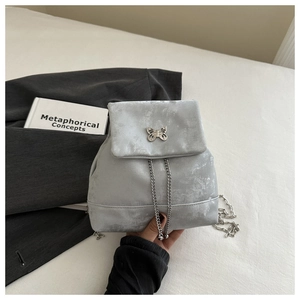 Detail of grey metallic drawstring bag featuring a butterfly clasp and silver chain strap