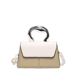 Chic color-block handbag with ivory flap, khaki body and wavy silver metal handle