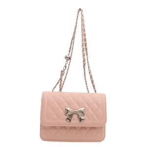 Pink quilted chain crossbody bag with metallic bow detail and adjustable strap
