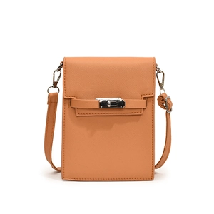 Chic orange-brown cross-grain leather phone bag with silver metallic turn-lock closure