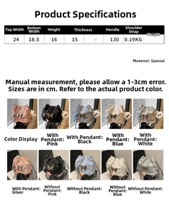 Graphique informatif des sacs seaux à nœud élégants montrant les couleurs et dimensions