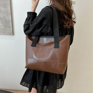 Deep coffee patchwork PU leather tote bag with thick black straps for commuting