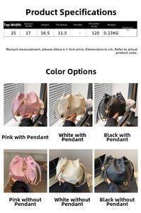 Detailed size chart of women's PU bucket bag with chain strap and color options