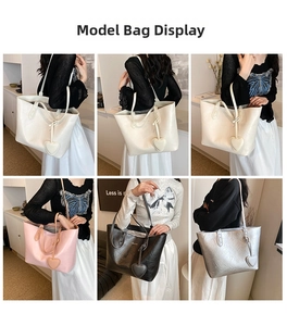 Collage of model wearing a large leather tote bag with heart charm in four colors