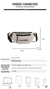 Size specifications of the beige oxford waist bag with internal capacity dimension details
