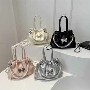 Women Butterfly Artificial Pearl Bucket Bag Ruched Drawstring PU Leather Crossbody Handbag Elegant Versatile Stylish