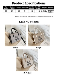 Size guide for canvas tote bag showing dimensions, weight, and available color options