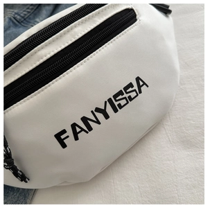 Close-up of white oxford fabric chest bag with black metal zipper and FANYISSA logo