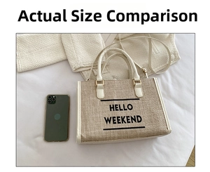 Detailed comparison of beige canvas tote bag with HELLO WEEKEND text and a smartphone