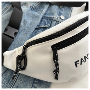 Detailed close-up of white oxford waist bag with FAN print and double metal zippers