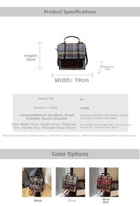 British style PU leather plaid backpack details showing size 19x20x9cm and material