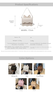 Detailed view of women's bow shoulder bag in five colors with dimensions and specs