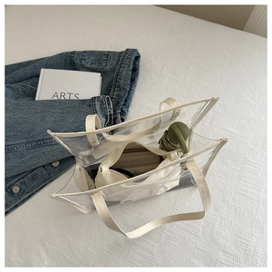 Gros plan d'un sac cabas transparent en PVC avec sangles blanches et grande capacité