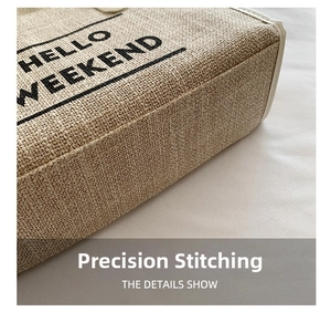 Detail of HELLO WEEKEND jute tote bag showing precision stitching and white leather trim