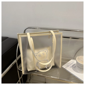 Détail d'un sac cabas transparent en PVC avec bordure beige et motif ours sur étagère