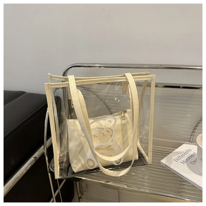 Détail du sac cabas transparent en PVC avec pochette intérieure en toile et poignée texturée