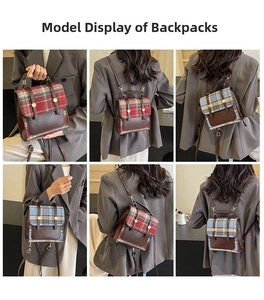 Detail shots showing British style plaid backpack in red and blue worn by a model