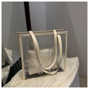 Détail du sac fourre-tout givré transparent avec imprimé ours blanc et poignées solides
