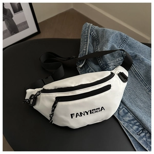 Close-up of a white nylon chest bag with FANYISSA text and black metal zipper details