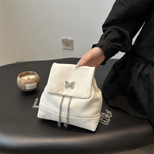 White velvet mini backpack with silver butterfly chain and drawstring for women