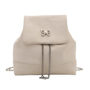 Silver chain backpack for women in beige faux leather with butterfly clasp and flap design
