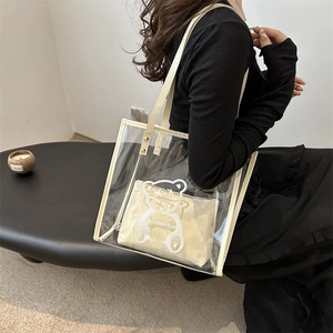 Sac fourre-tout transparent en PVC avec pochette intérieure crème et motif d'ours