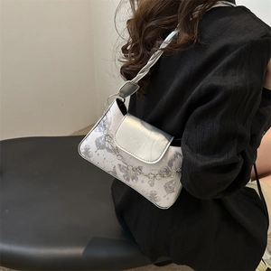 Contrast small shoulder bag in white and silver with purple butterfly and metal chain