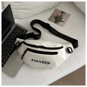 Detail of white nylon fanny pack with black adjustable strap and FANYISSA printed logo