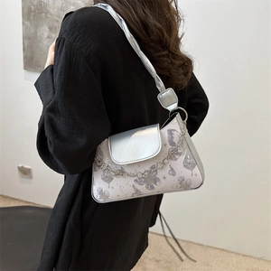 Silver and white contrast shoulder bag with butterfly print and fashion chain strap