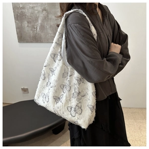 Large white fuzzy tote bag with butterfly embroidery for women daily shoulder use