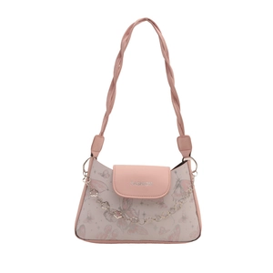 Pink fashion shoulder bag with butterfly patterns and decorative floral chain