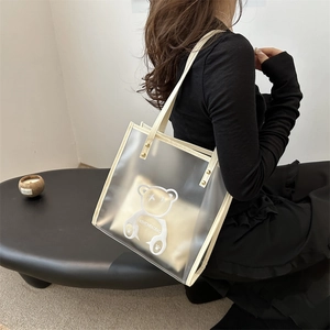 Sac fourre-tout transparent en PVC avec imprimé ours dessin animé et anses crème