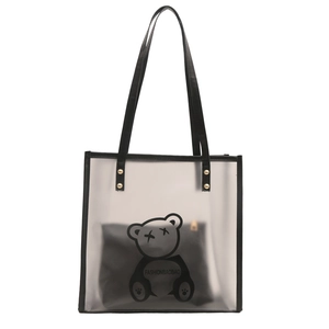 Semi-transparent frosted tote bag with black bear print and inner pouch for women