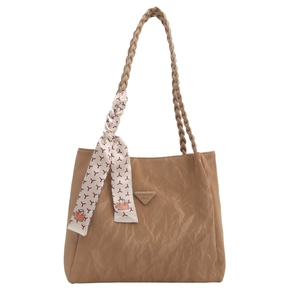 Chic khaki tote bag with pleated texture, woven shoulder strap and decorative scarf