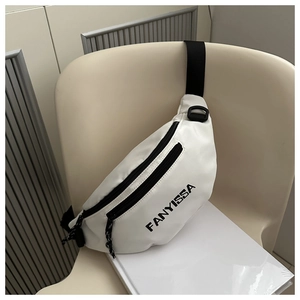 Close-up of white oxford waist bag with FANYISSA logo and adjustable black strap detail