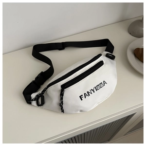 Close-up of white oxford waist bag with FANYISSA logo and adjustable black strap