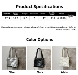 Size chart showing dimensions and weight for the sweet bow mini square tote bag