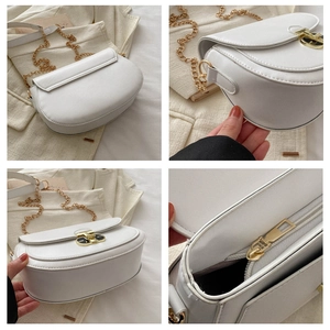 Detailed views of a white saddle bag showing back side, metal chain, and gold lock detail