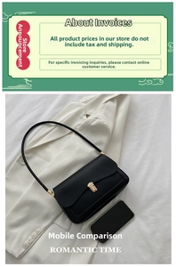Detail view of black leather shoulder bag with gold square buckle next to a smartphone
