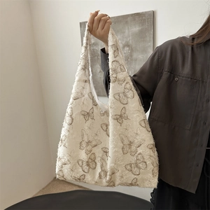 Vintage canvas tote bag with large butterfly print and fringe edges for women